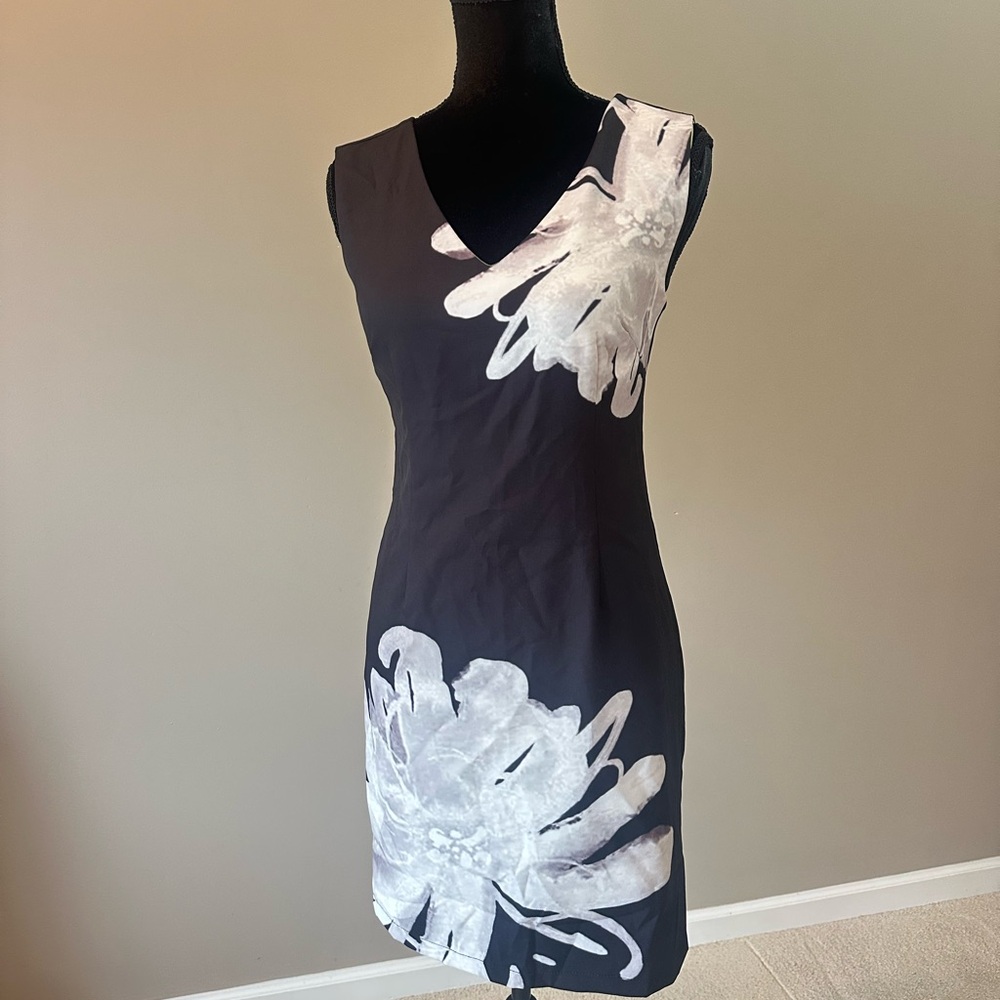 Patrizia Luca Black Midi Dress with White Floral Motif